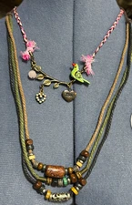 Two necklaces Boho Costume Bead Parrot Love Heart Mixed Metal Wood String Whimsy