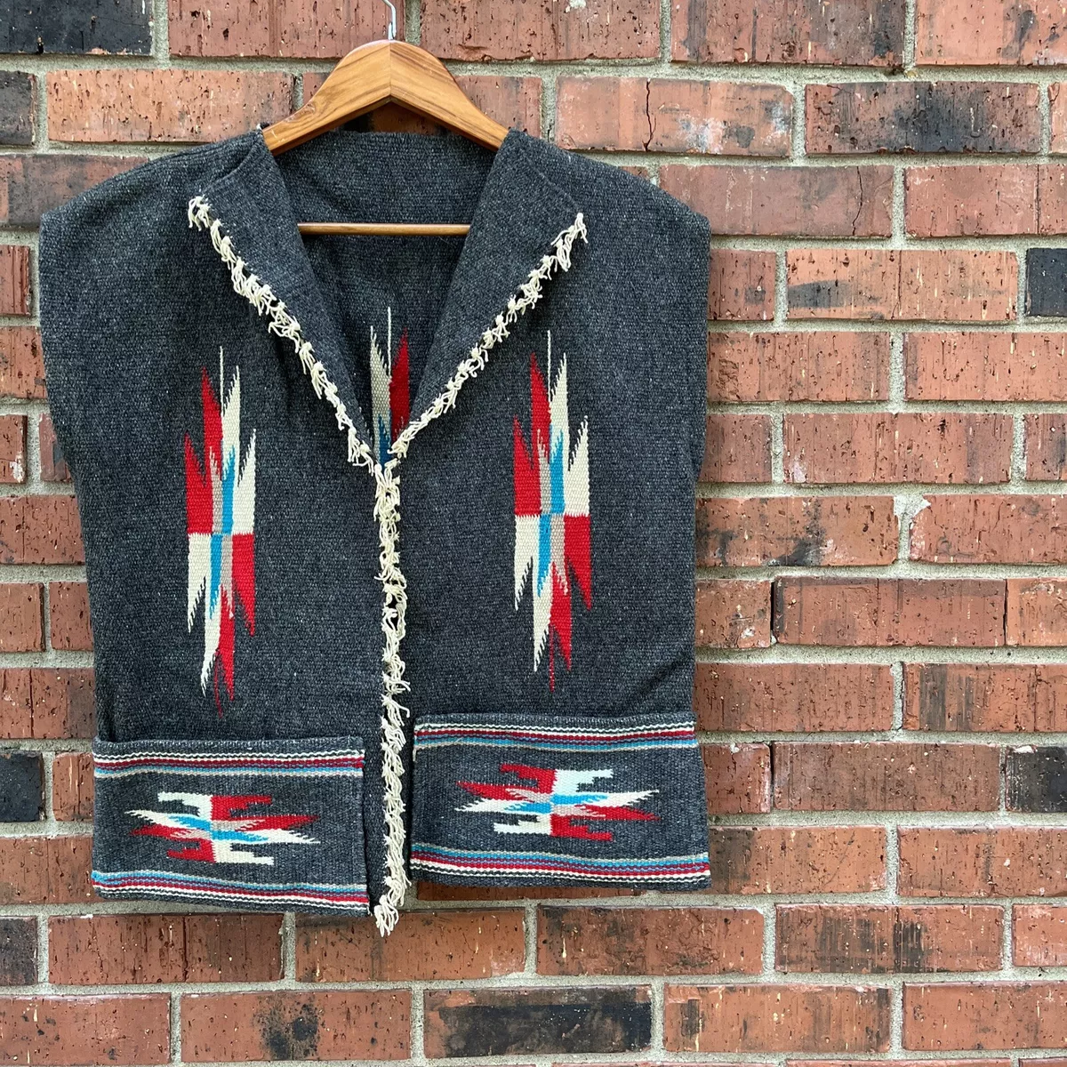 Vintage Grey Chimayo Mexican Blanket Print Wool Vest Southwestern