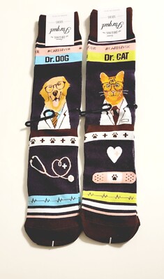 NEW 2 Pair Parquet Brand Men's Doctor Novelty DOG & CAT Crew Socks, Size 10-13