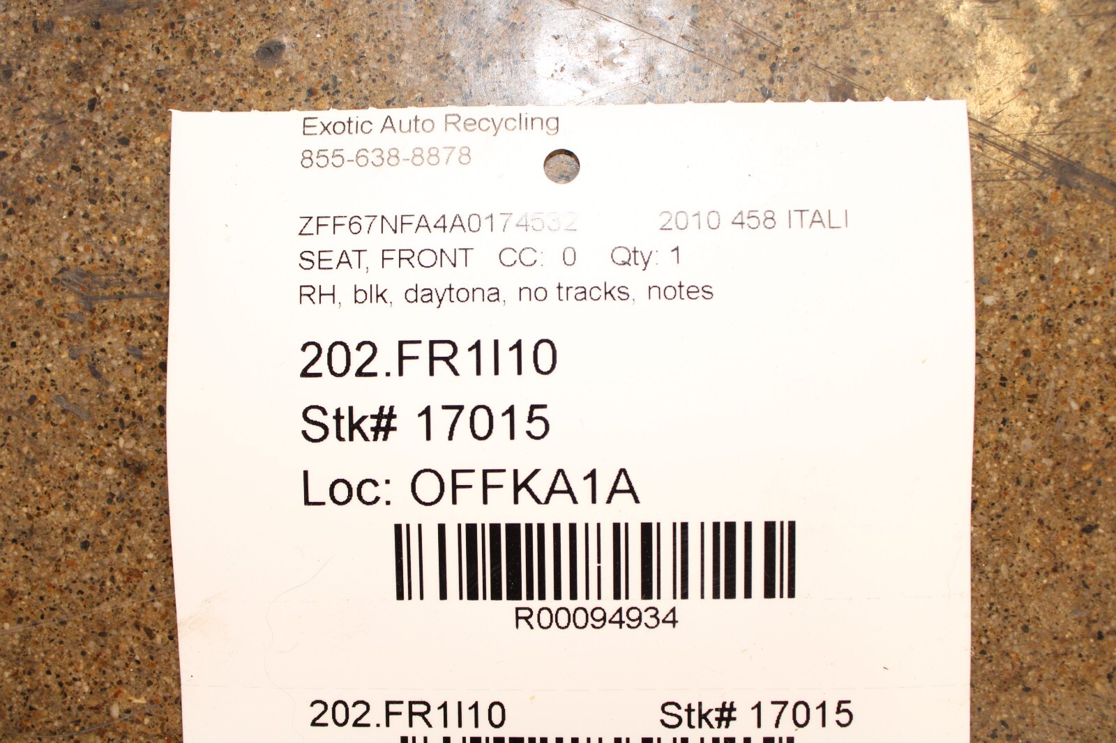 Ferrari 458 Italia, RH, Right, Front Seat, Black, Daytona, No Seat Tracks, Used