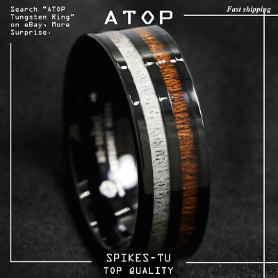 8mm Black Tungsten Carbide Ring Deer Antler and Koa Wood Inlay ATOP Wedding Band