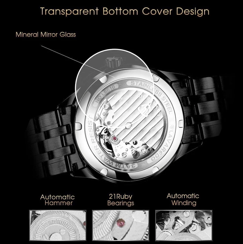 钻石表盘男士不锈钢机械腕表 — 第 2/4 张图片