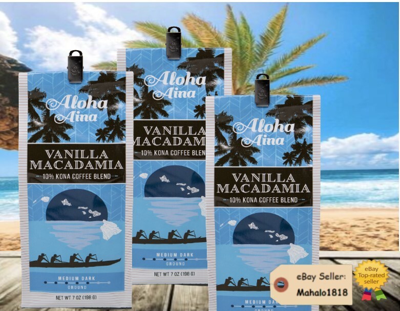 3 Bags ALOHA AINA COFFEE VANILLA MACADAMIA 10% KONA BLEND 7o
