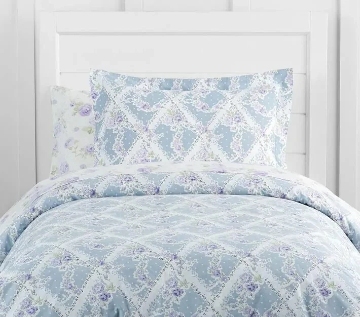 Pottery Barn Kids NEW Sadie Trellis Twin Duvet & Sham 100% Cotton Blue Lavender - Image 2 of 4