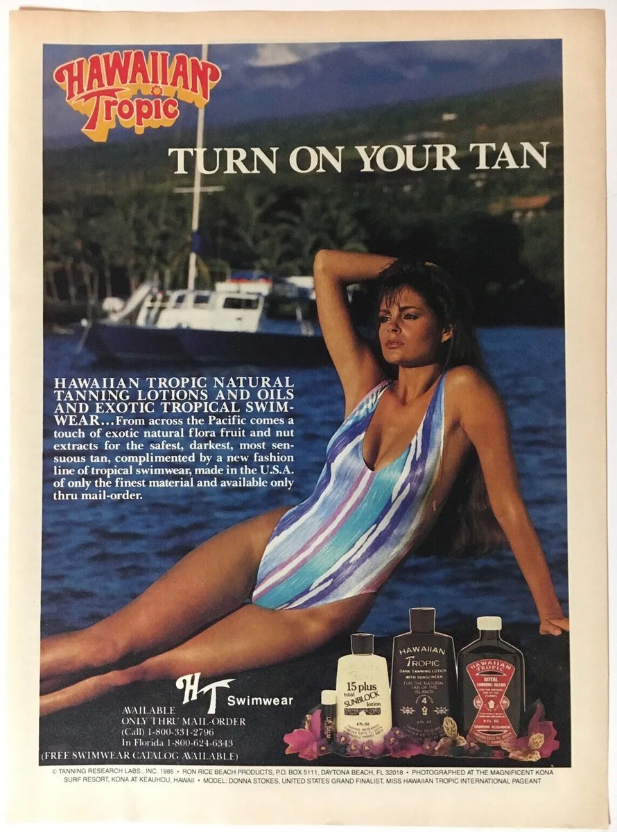 Hawaiian Tropic Sunblock Donna Stokes 1986 Vintage Print Ad Hawaiian Tropic Sunblock Donna Stokes 1986 Vintage Print Ad