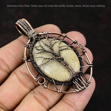Oval Natural Fossil Coral Wire Wrapped Tree Of Life Wife Pendant Jewelry Copper