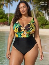 Vintage Longitude Long Torso One Piece Swimsuit Size 12 Tropical Floral Ruched