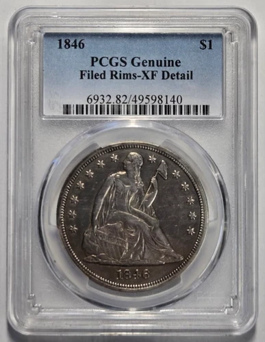 1846 SEATED LIBERTY SILVER DOLLAR $1 PCGS XF DETAIL GENUINE FILED RIMS Cert Coin