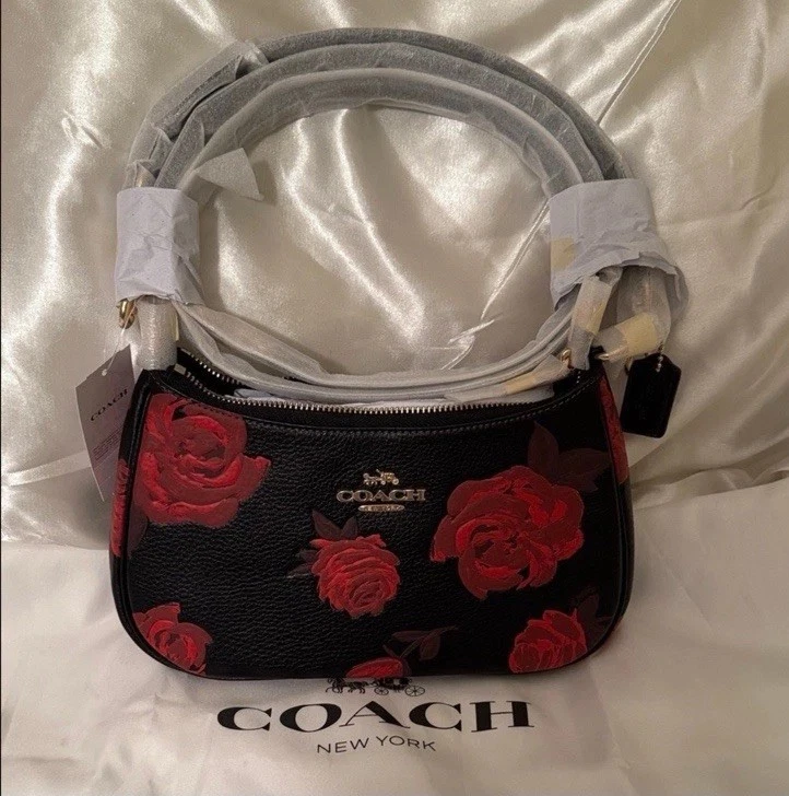 Bolso de Hombro Coach Teri Negro Nuevo con Etiquetas/Impresión Floral Rojo/Bolso Bandolera y Herrajes Dorados Foto 4 de 4