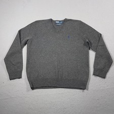 Polo Ralph Lauren Sweater Mens Large Gray Wool V Neck Pullover Classic Pony Logo