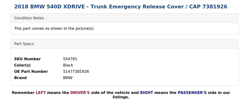 BMW 540D XDRIVE 2018 - Cubierta de liberación de emergencia para maletero/tapa 7381926 Foto 4 de 4