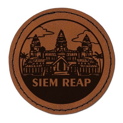 Angkor Wat Siem Reap Round Iron-On Faux Leather Patch Applique - 2.5 Inch