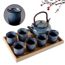 Japanese Tea Set for 6, Kiln Altered Glaze Porcelain, Unique Blue, 23.5oz