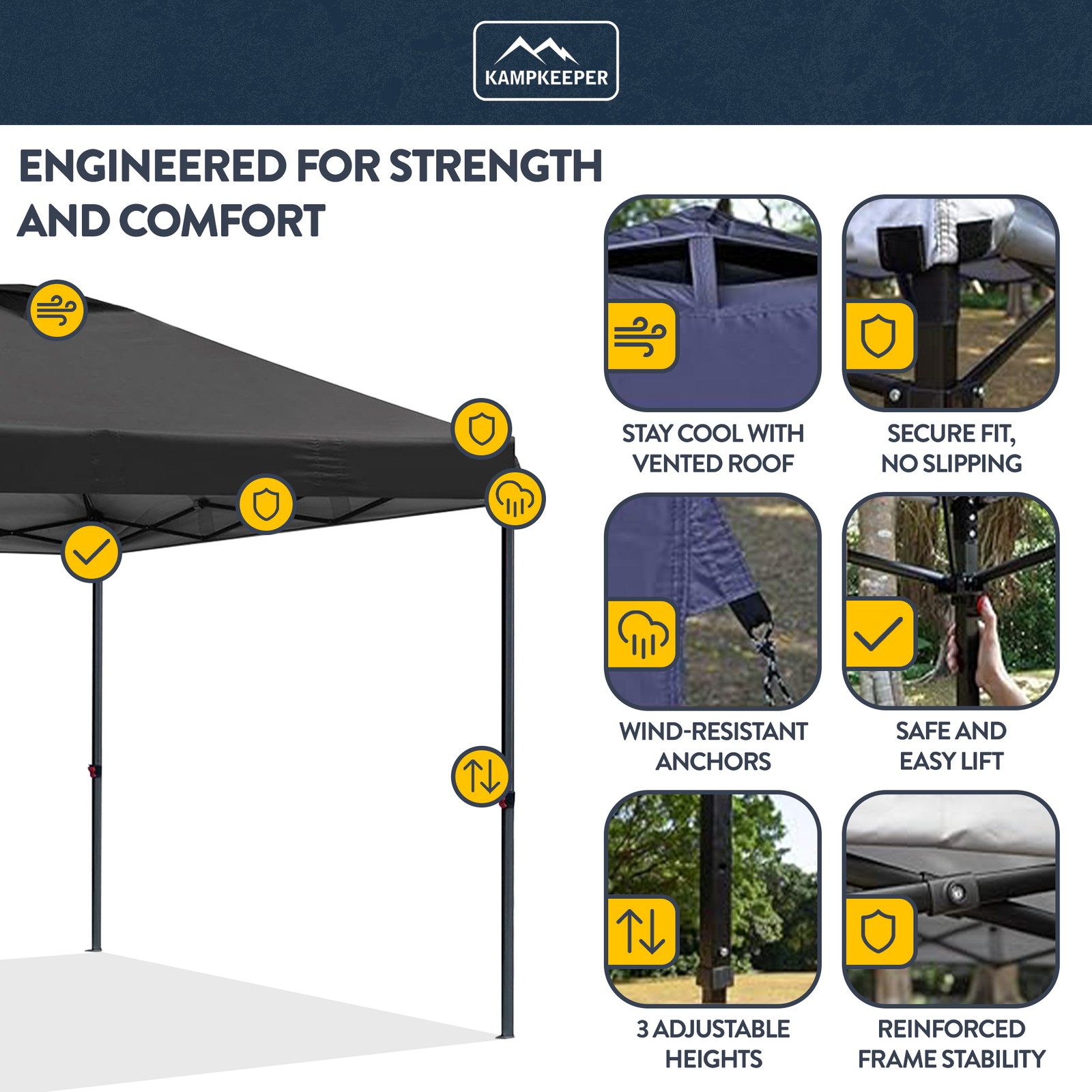 KAMPKEEPER 10x10 Pop Up Canopy Tent with 2 Sidewalls for Outdoor Use, Black