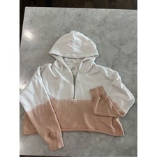 Aerie Womens Small White Taupe Cropped Half Zip Hoodie Sweater Dip Dye