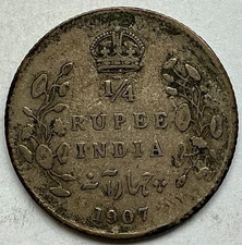 India British 1907 C 1/4 Silver Rupee. KM #506