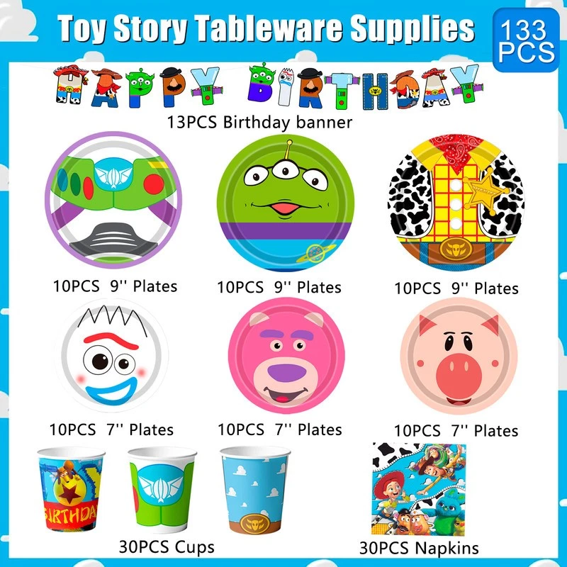 133 Pcs Toy Story Party Decoration Woody Birthday Party Tableware Plates Cups - Image 2 of 4