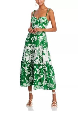 FARM Rio Forest Soul Green Tropical Print 100% Cotton Tiered Midi Dress sz S