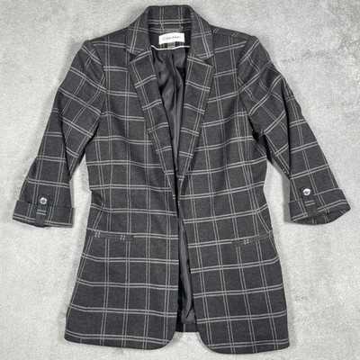 Calvin Klein Blazer Womens 6 Gray Plaid Mid-Length Lined Pockets 3/4 Sleeve