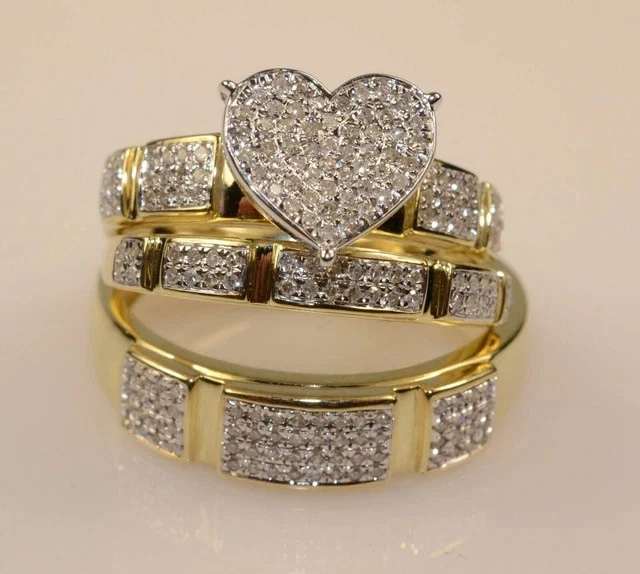 His Her Heart 2.80Ct Real Moissanite Bridal Trio Ring Set 14K Yellow Gold Plated