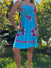Hawaiian Short Sun Dress Floral Teal Pink Plumeria Adjustable Cami Straps Top