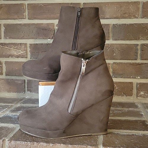 JustFab Jessy Zip-Up Wedge Ankle Boot Brown Womens Size 8 - Imagen 2 de 7