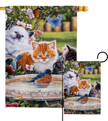 Splashing Up Some Fun Pets Outdoor Kitty Bird Butterflies Garden House Yard Flag