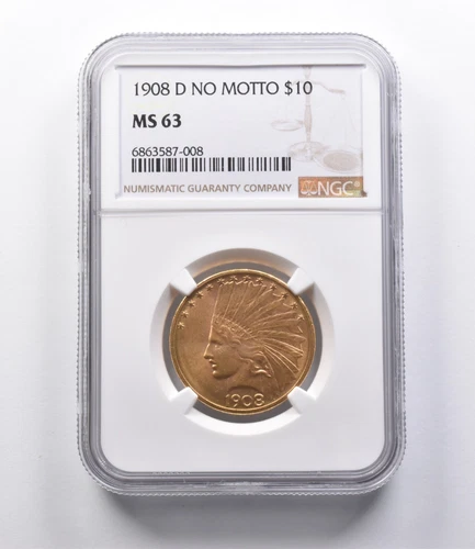 MS63 1908-D No Motto $10 Indian Head Gold Eagle NGC *2664