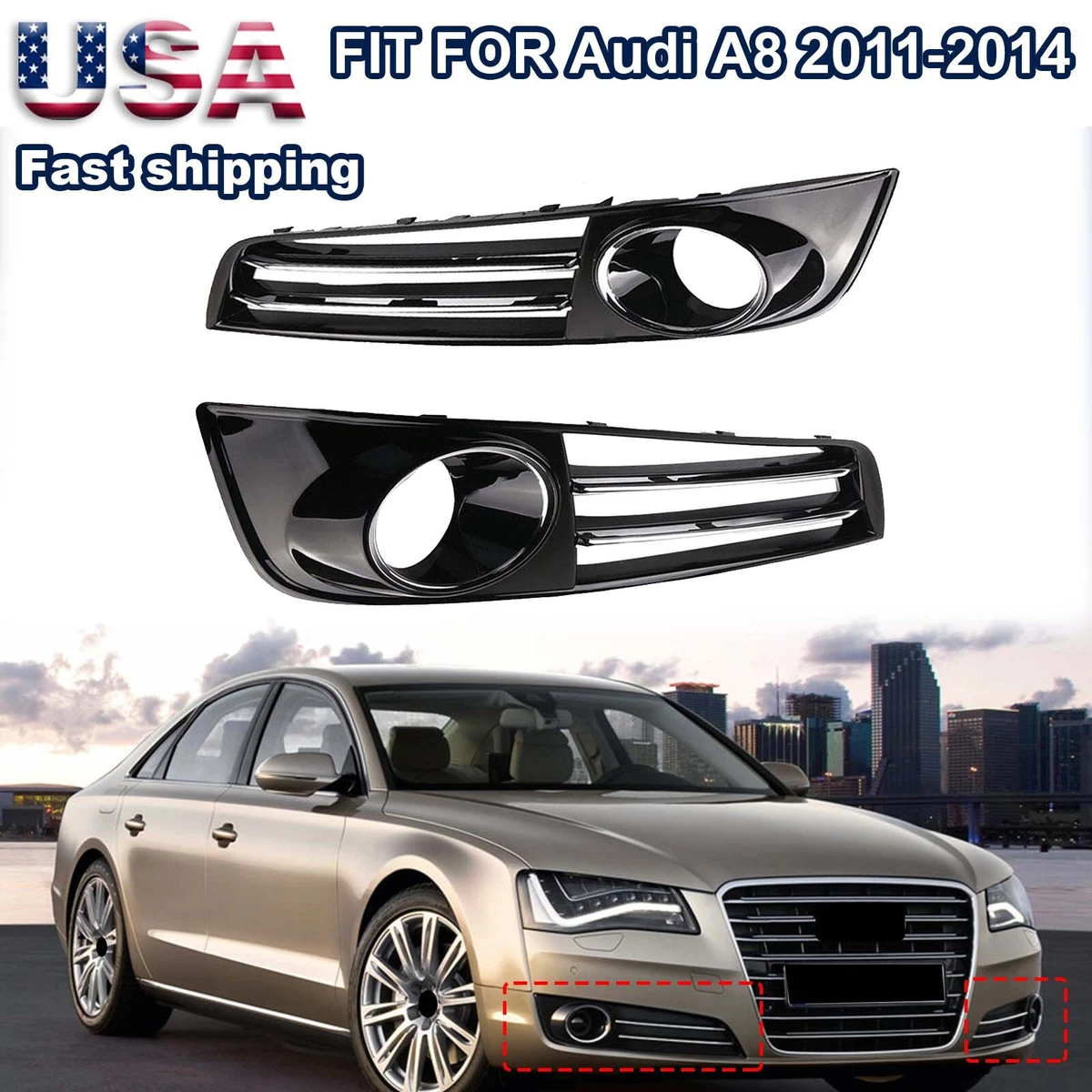 Car Fog Light Grille Cover For Fit For AUDI A8 S8 QUATTRO D4 2010 2011 2012 2013 Fog Light Grille Front Bumper Fog Light Frame Sports Honeycomb Trim Cover Fog Lamp