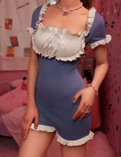 Adorable Gray Blue & Frilly White Soft Ribbed Bodysuit Teddy Romper Lingerie L