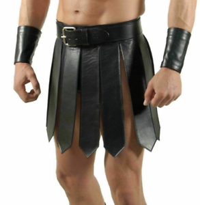 Mens Real Cowhide Leather Black Heavy Duty Gladiator Kilt Set Halloween LARP Darmowa wysyłka, popularna wyprzedaż