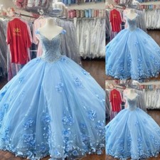 Sky Blue Quinceanera Dresses 3D Flowers Beading Party Sweet 15 16 Ball Gowns