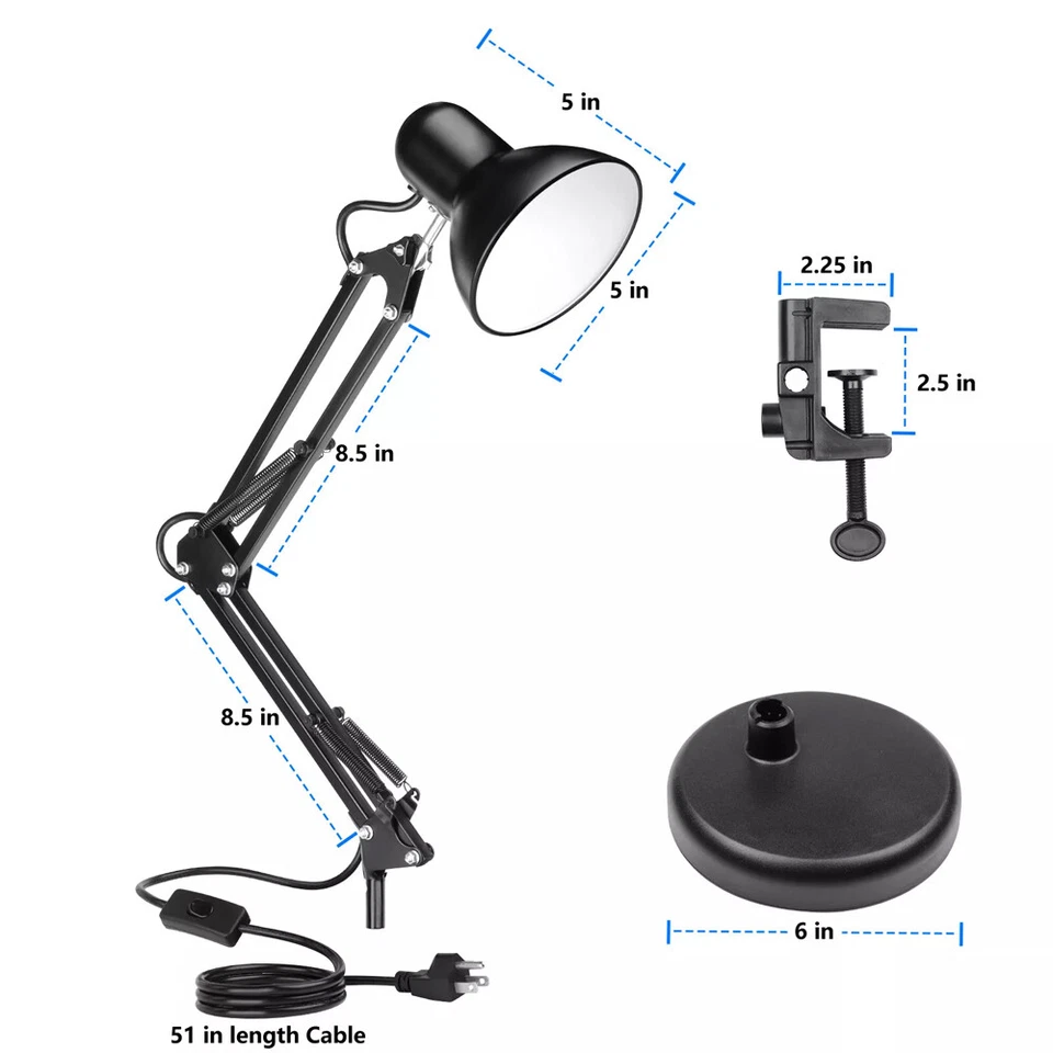 Metal Desk Lamp Adjustable Swing Arm Interchangeable Base & Clamp Reading Light - Image 4 of 4