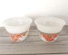 Lot of 2 Indopal White Milk Glass Custard Cups Ramekins Peach Floral Gray Stripe