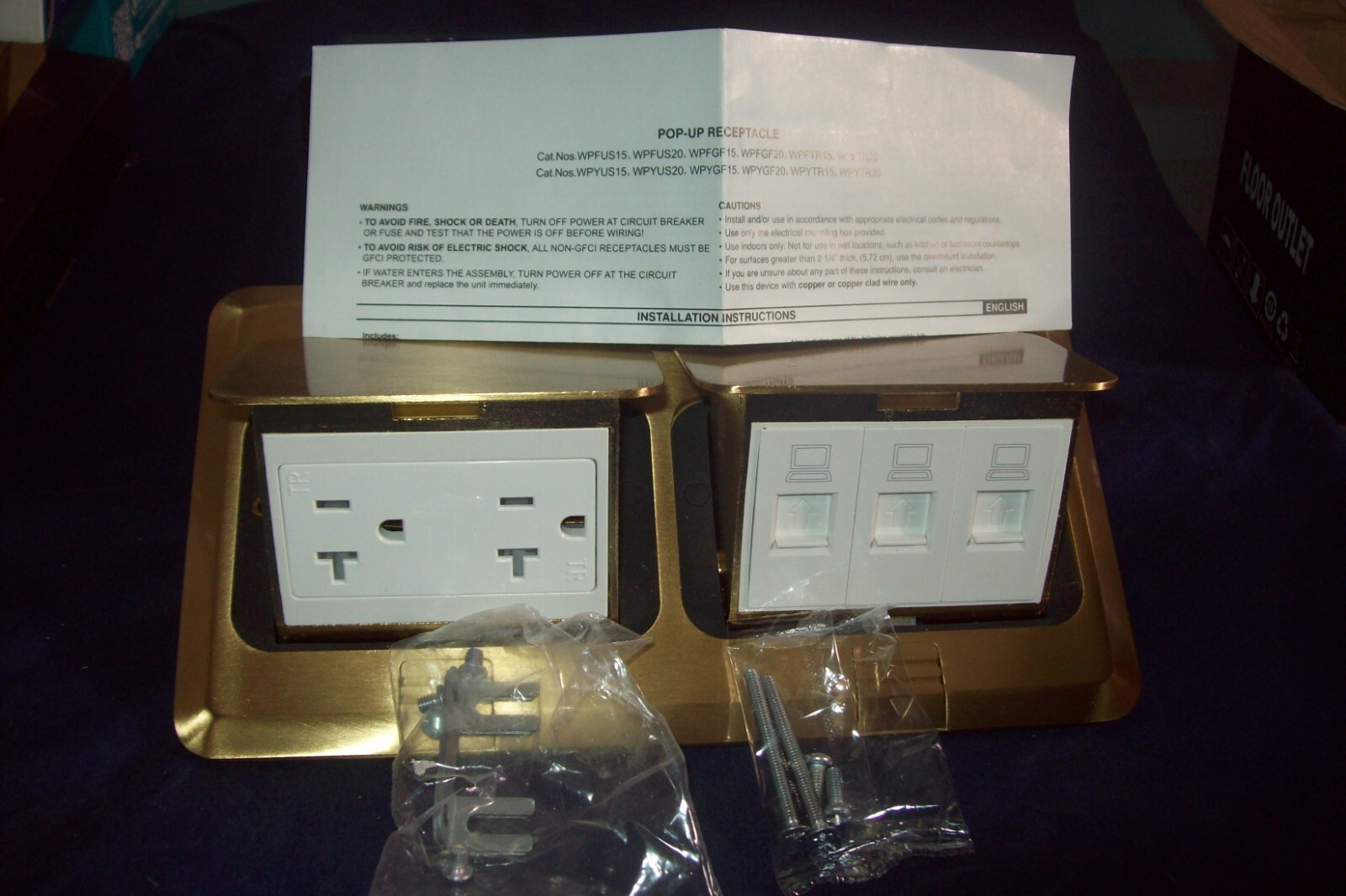 Pop Up Floor Outlet Box with 20Amp and USB Chargers. 2 Pack. Gold