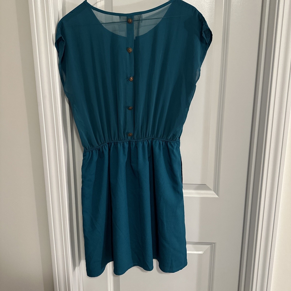 Francescas Collection SIZE L Womens Green Dress Teal Ruffle Sheer Gold  Buttons | eBay