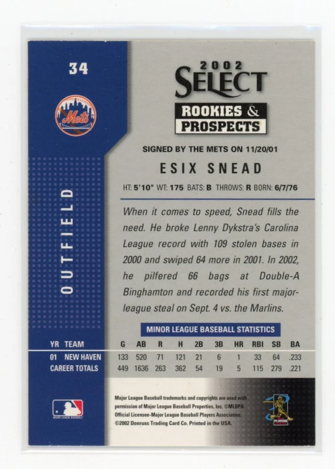 2002 Select Rookies & Prospects #34 Esix Snead - Image 2 of 2