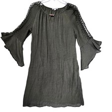 Indigo Rose Olive Green Bell Sleeve Boho Dress Lined Cutout Crochet Sleeves Med