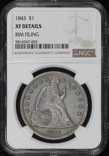 1843 Seated Liberty Dollar NGC XF Details Rim Filing