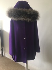 Martin Grant Hooded Purple Virgin Wool Cocoon Coat With Fox Fur Trim M Euc