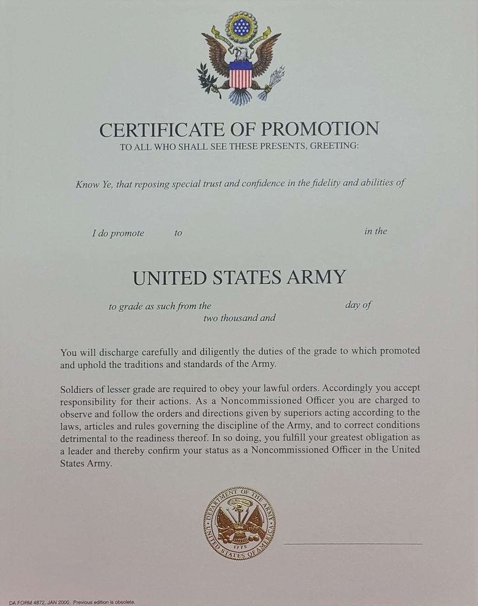 Army NCO Promotion Certificate SGT E5 thru SGM E9 | eBay Army NCO Promotion Certificate SGT E5 thru SGM E9 | eBay