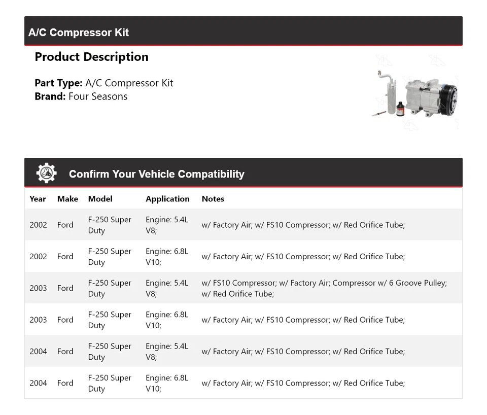 Kit de compresor de aire acondicionado para Ford F-250 Super Duty 2002-2004 4 estaciones 2003 Foto 2 de 4