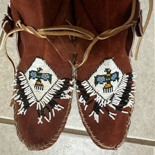 Beaded Native American Moccasins leather, with Thunderbird, handmade, vintage.