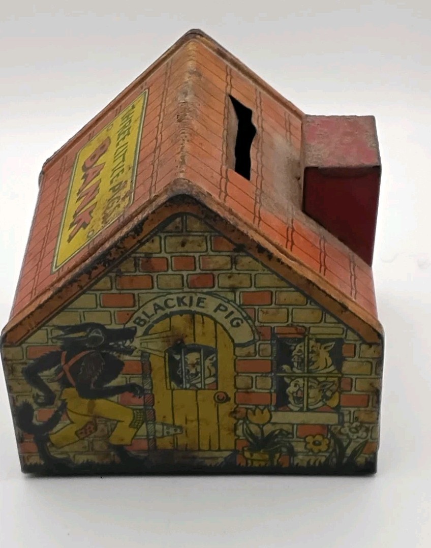 Vintage J Chein Co Tin Litho Three Little Pigs Money Bank Toy
