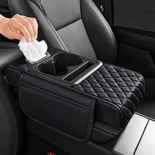 5 in 1 Nappa Leather Console Armrest Cover Built-in cup holder, tissue Black