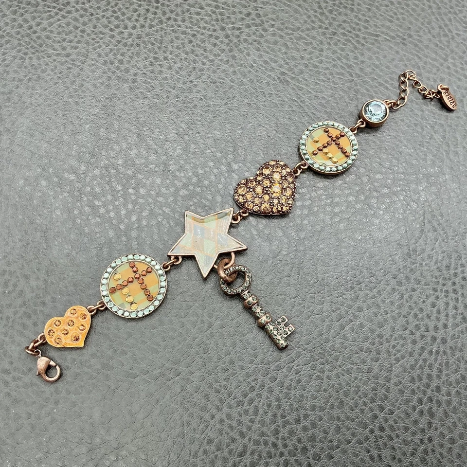 Pilgrim Charm Bracelet Womens Adjustable Copper Tone Rhinestone Heart Star Key - Image 2 of 4