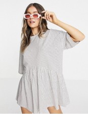 ASOS DESIGN oversized mini smock dress dropped waist black white striped sz 8 L