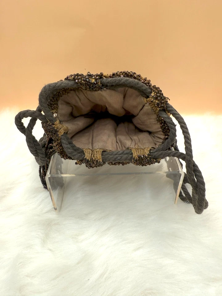 Antique Victorian Brown/Copper Beaded Drawstring Reticule Pouch Bag   - Image 4 of 4