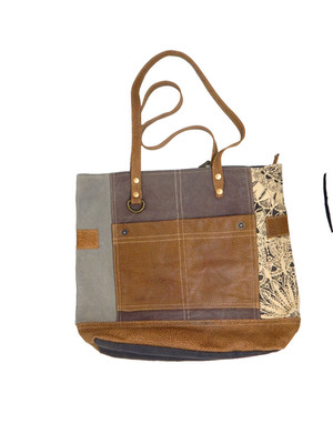 Myra Bag Gray Cotton/Beige Leather Medium Tote Handbag Closure: Zip