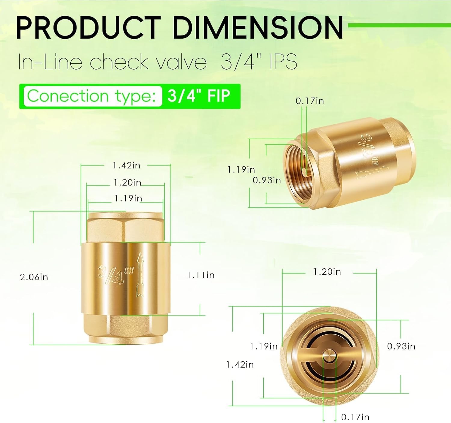 2-Pack One Way Brass In-Line Check Valve, 3/4 Inch IPS for Water Supply System
